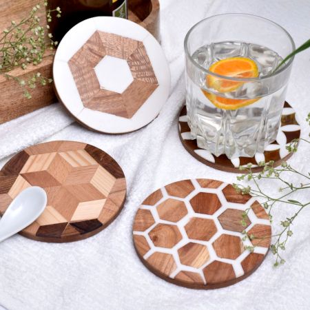 Handmade Brown and White Round Resin Set of 4 Decorative Table Coasters
